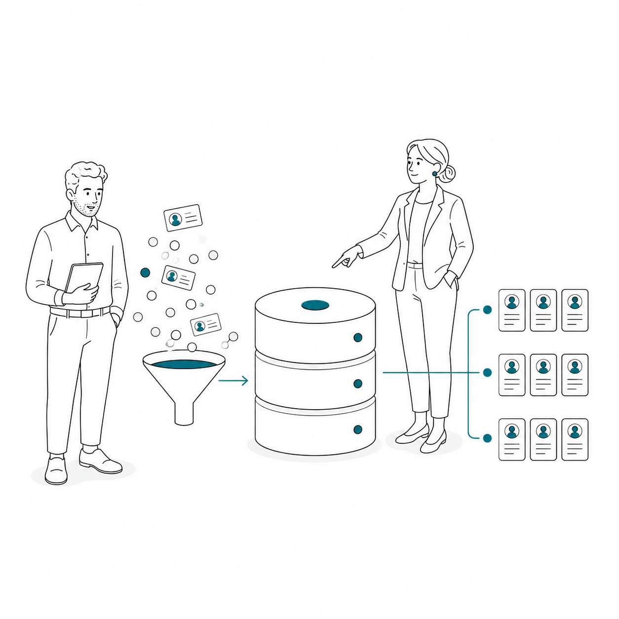 Illustration de contacts filtrés puis organisés dans une base de données